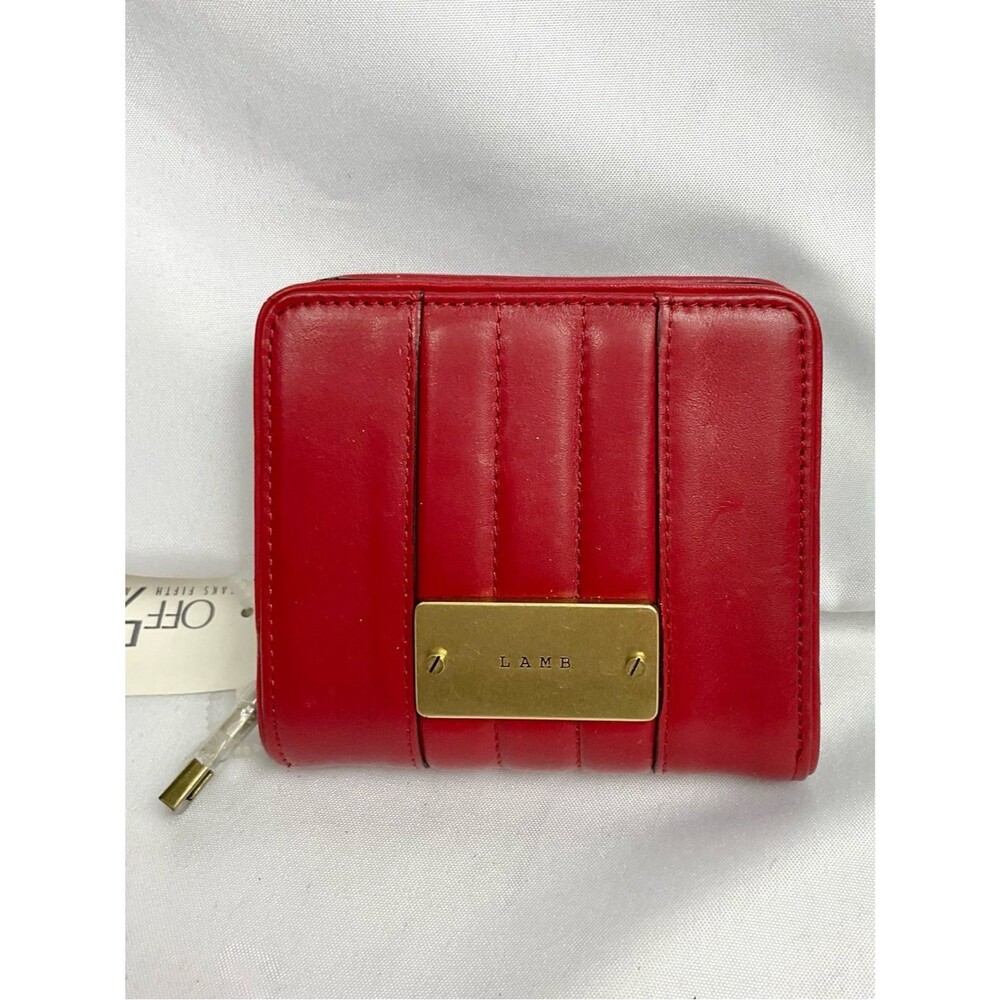 L.A.M.B. Leather Compact Wallet Red Zip Around Gold Logo Plate New NWT